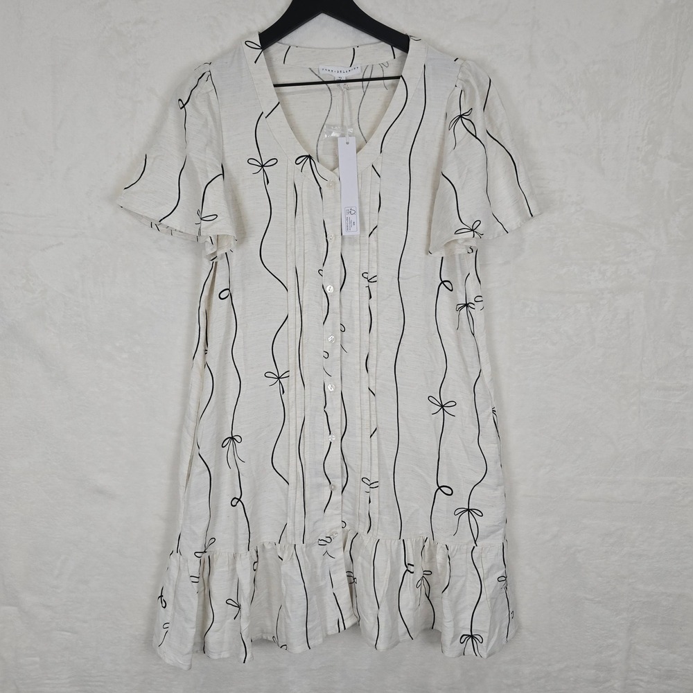 Jane + Delancey Bow Print Linen Blend Button Mini Dress Cream Black XS New
